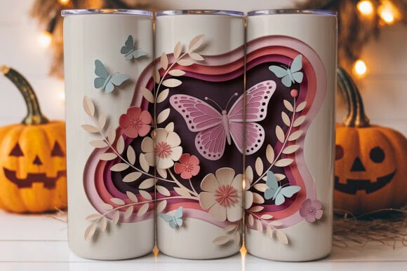 3D Paper Butterflies Flowers Tumbler Design