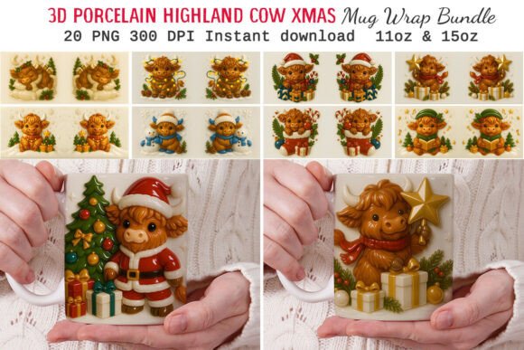 Bringing the Highlands to Your Holiday Table with 3D Porcelain Highland Cow Xmas Mug Wraps