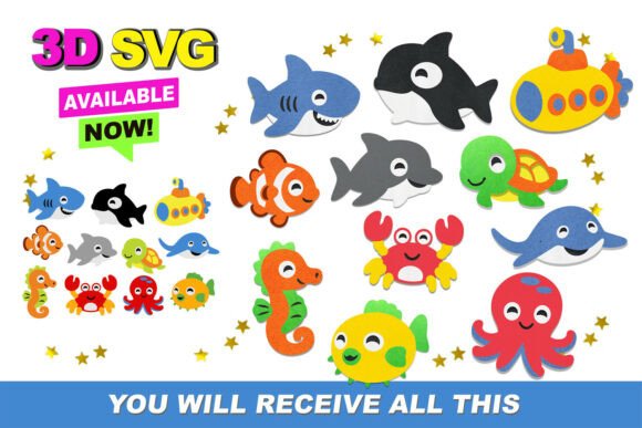 Cute Sea Animals Elements 3D SVG