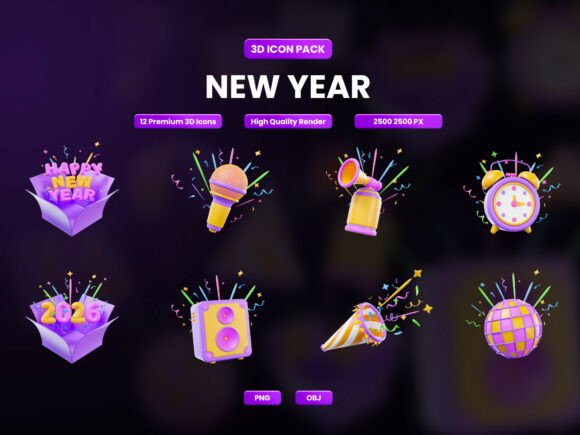 New Year 3D Icon Pack: Elevating Festive Design with Vibrant Renders
